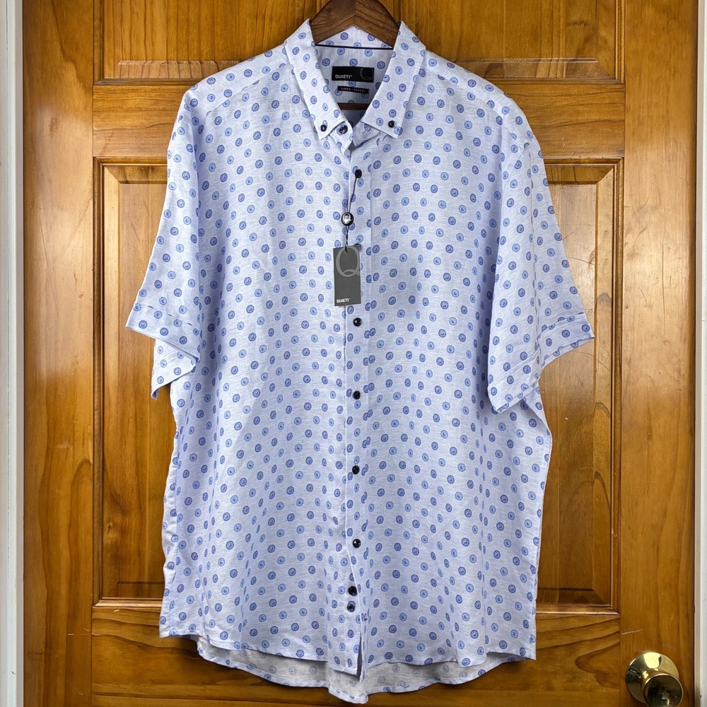Quieti Mens XXL Blue Medallion Print Linen Tencel Short Sleeve Button Down Shirt